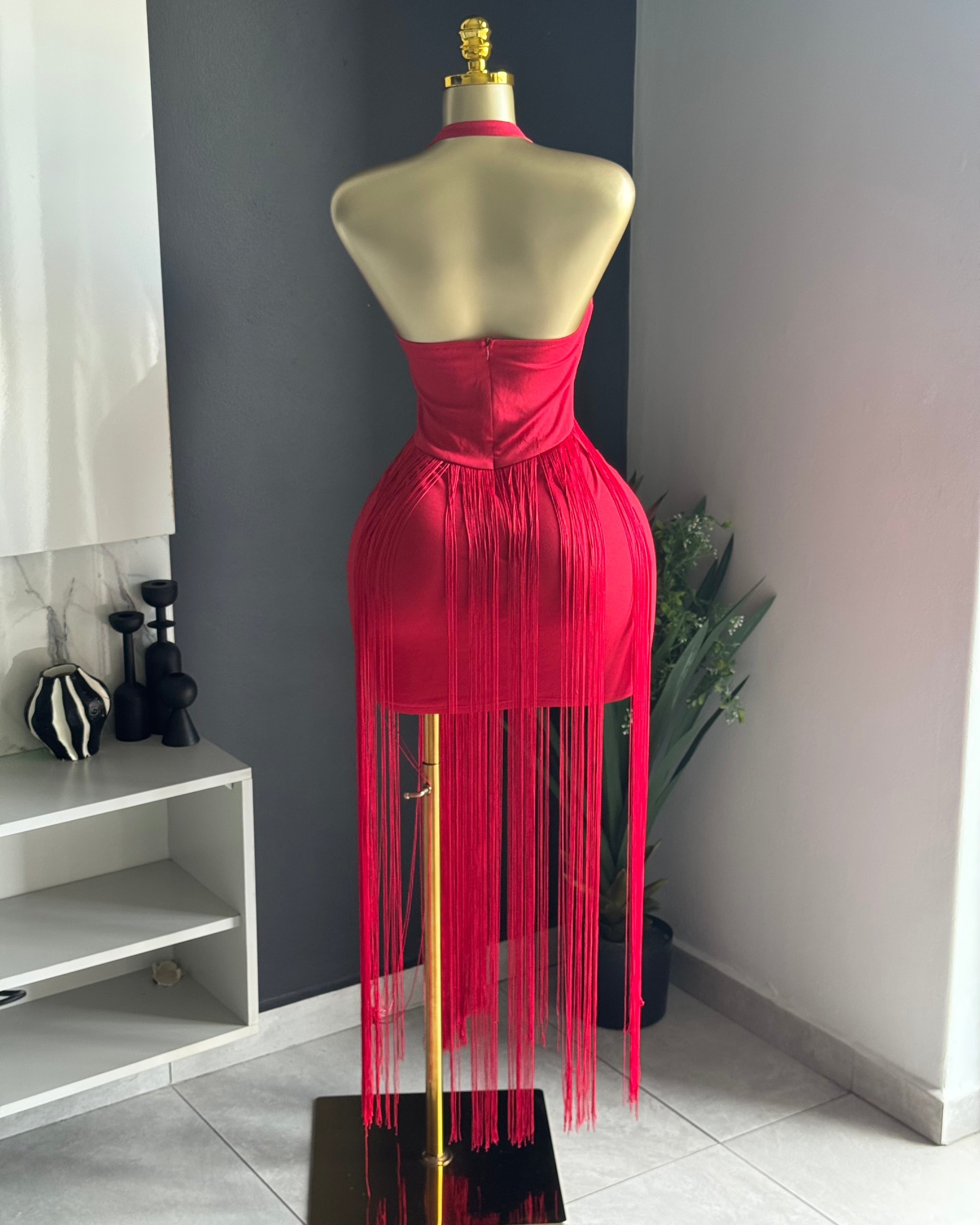 Scarlet Fringe Halter Dress