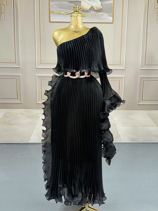 Noir Elegance Pleated Maxi Dress – One Shoulder Black Gown