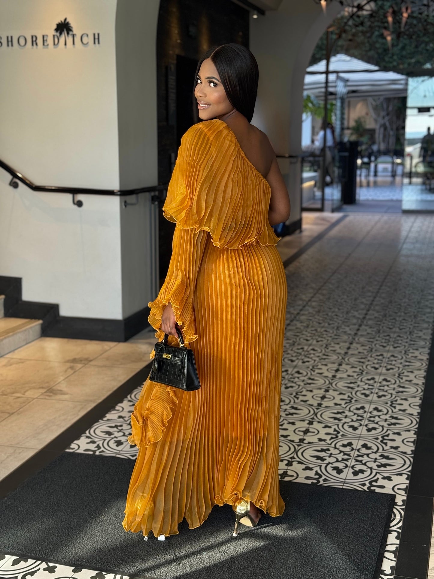 Golden Aura Pleated Maxi Dress