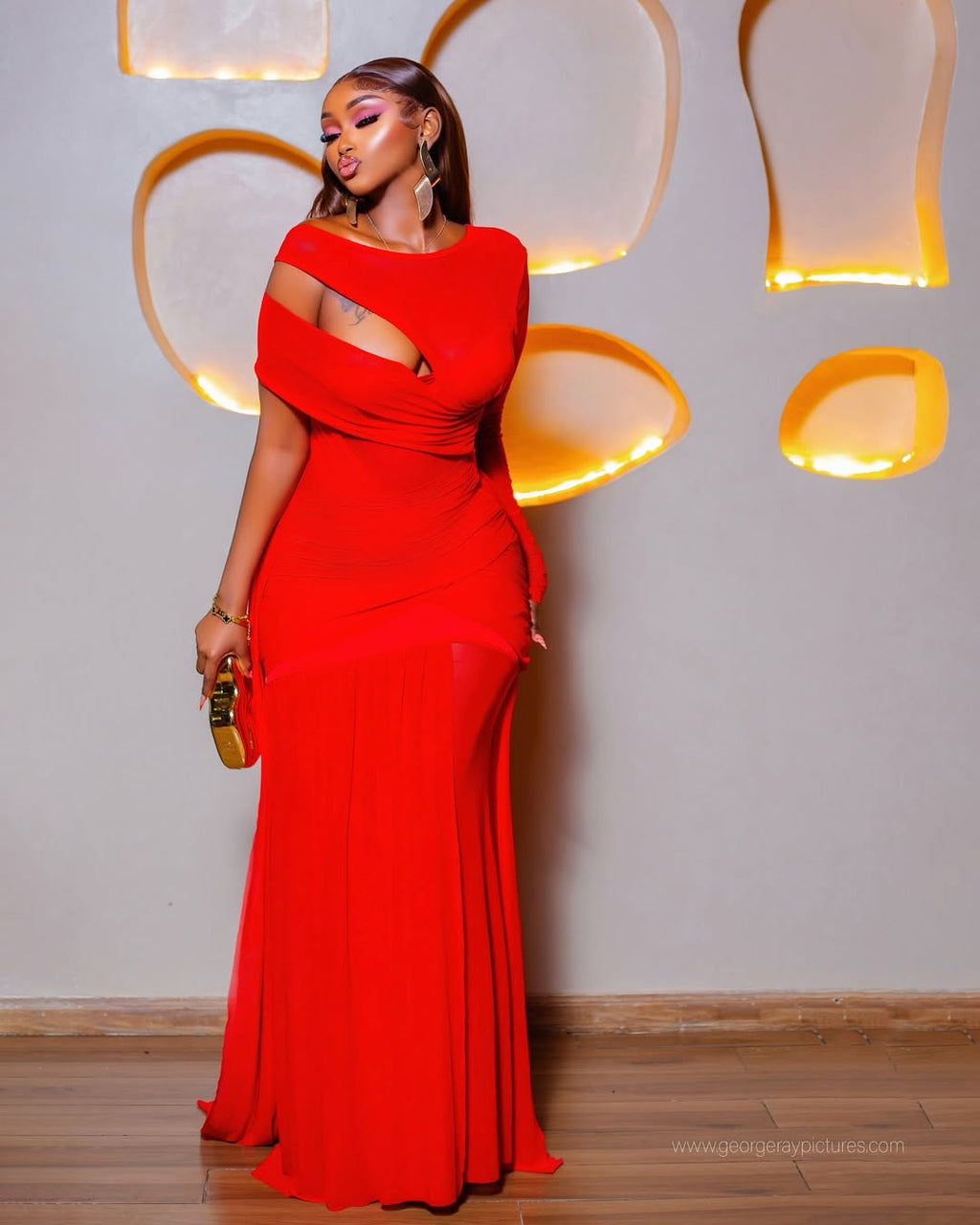 Kiara Red Asymmetric Cutout Maxi Dress