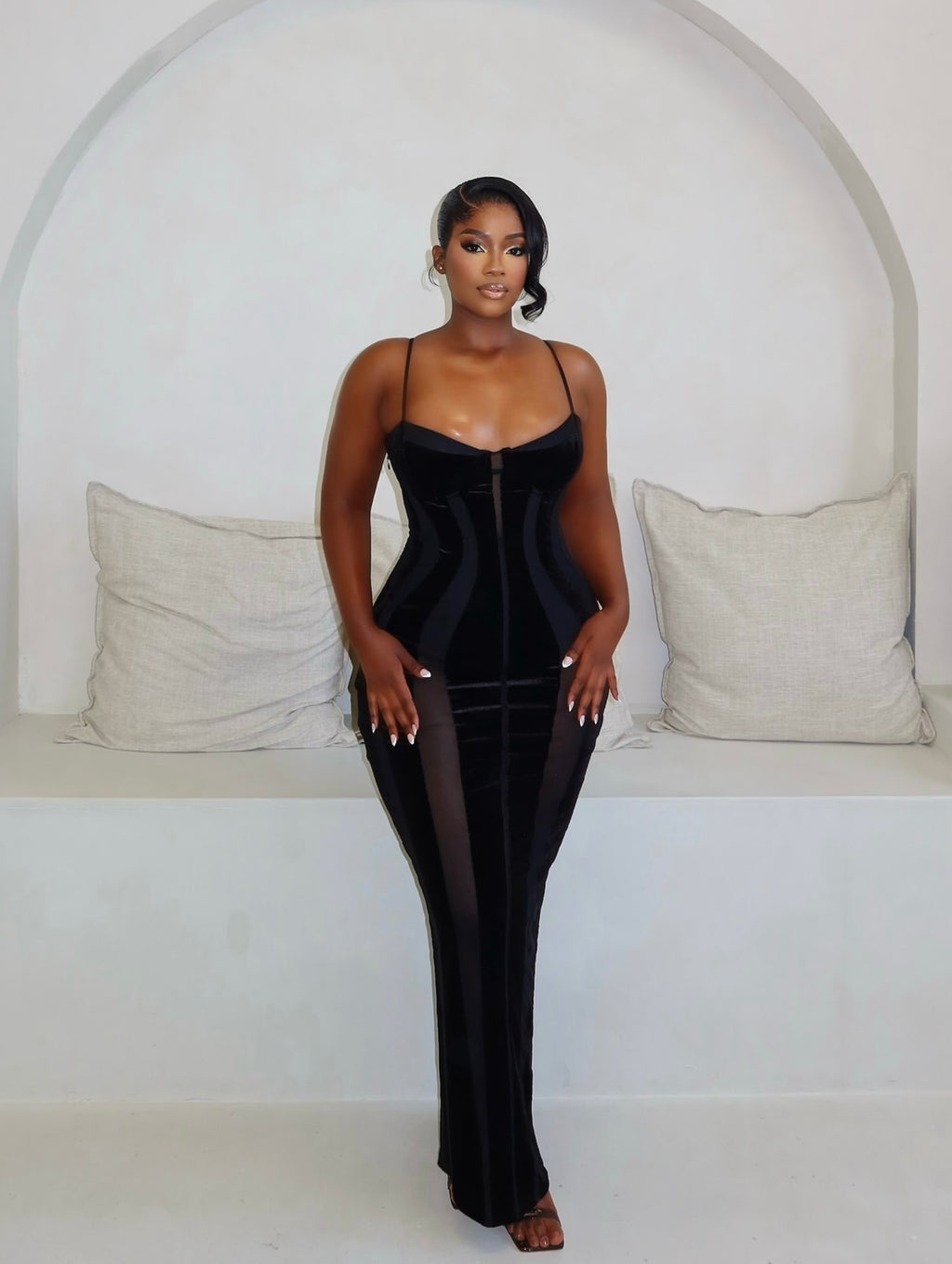 Naomi Black Velvet Mesh Maxi Dress