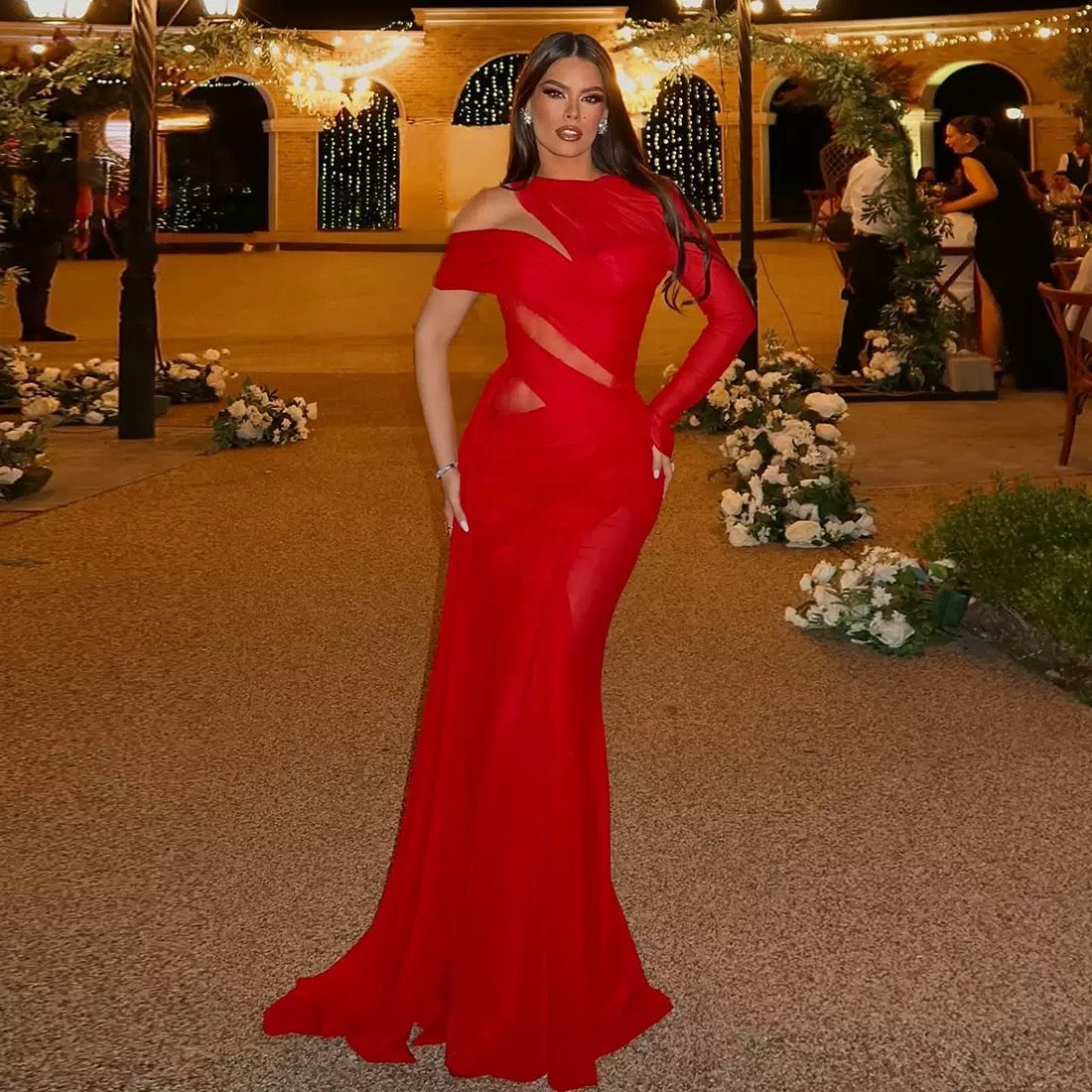 Kiara Red Asymmetric Cutout Maxi Dress