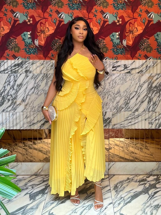 Sunlit Ruffle Pleated Maxi Dress
