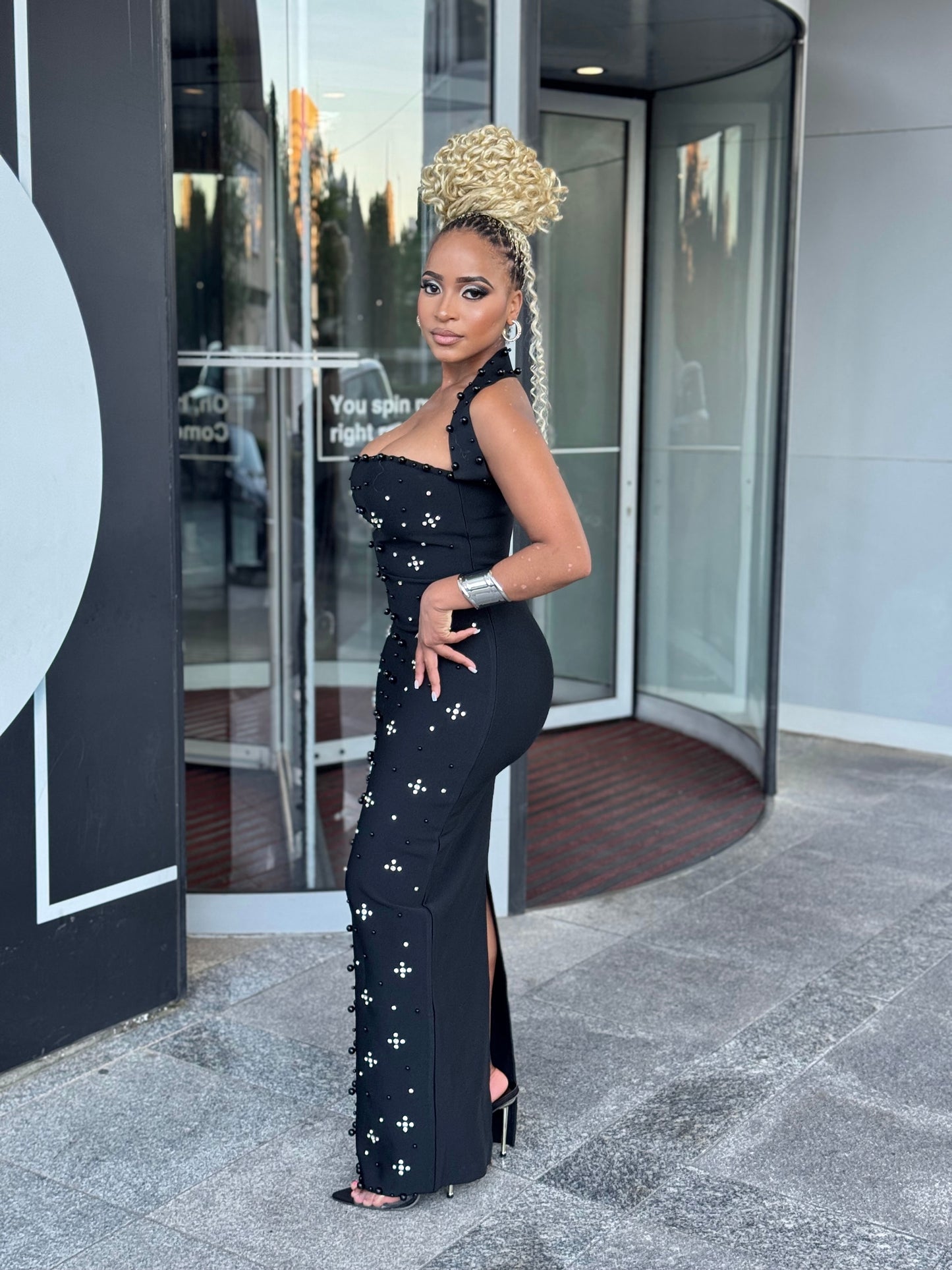 Midnight Elegance Beaded Bandage Gown – Black Maxi Dress