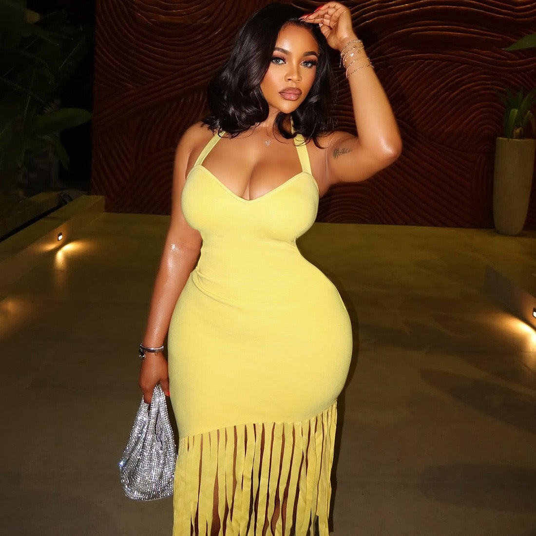 Kalina Yellow Fringe Midi Dress