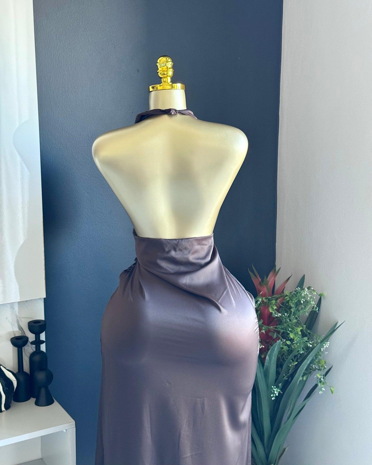 Mila Chocolate Satin Halter Dress