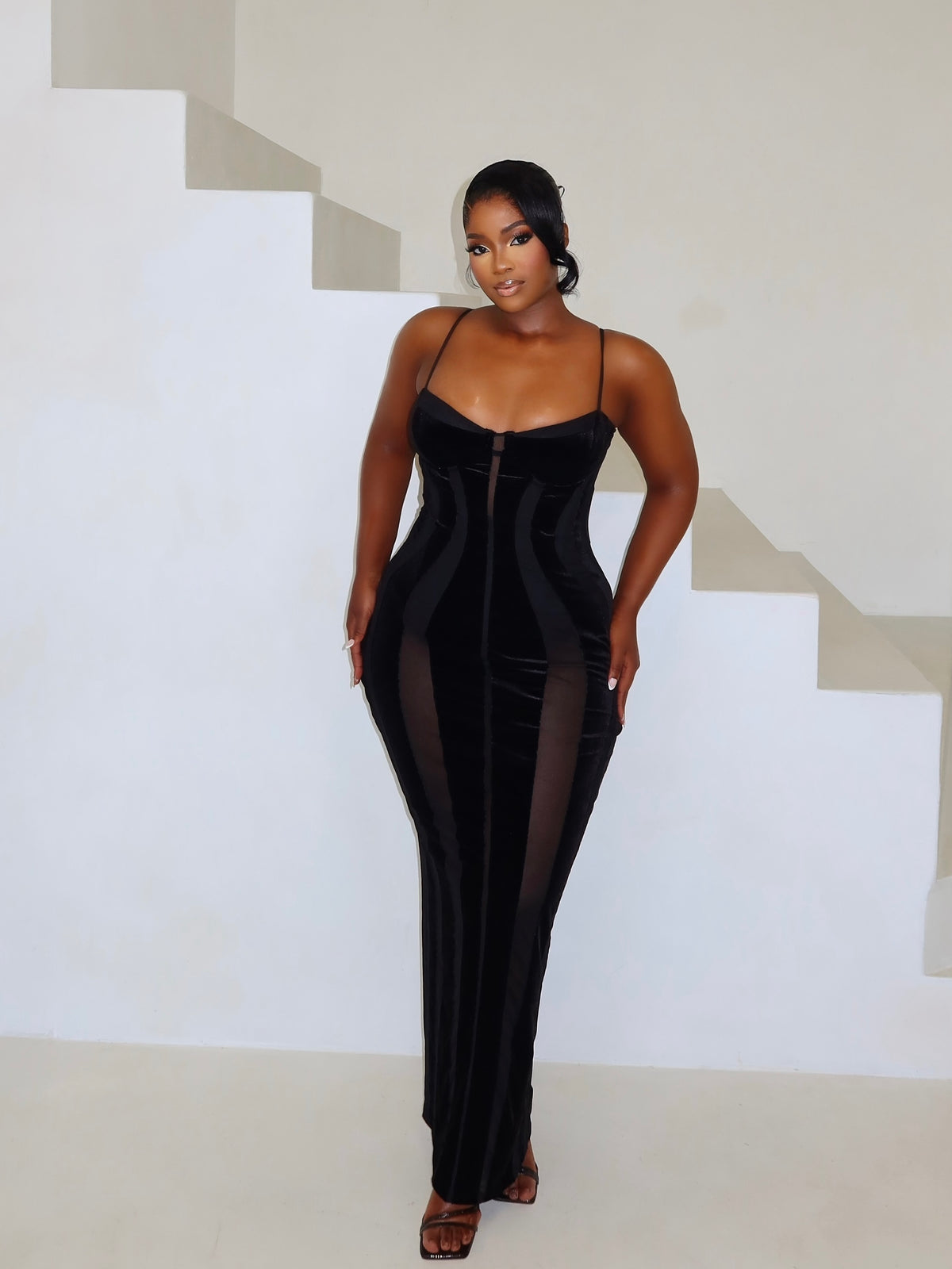 Naomi Black Velvet Mesh Maxi Dress