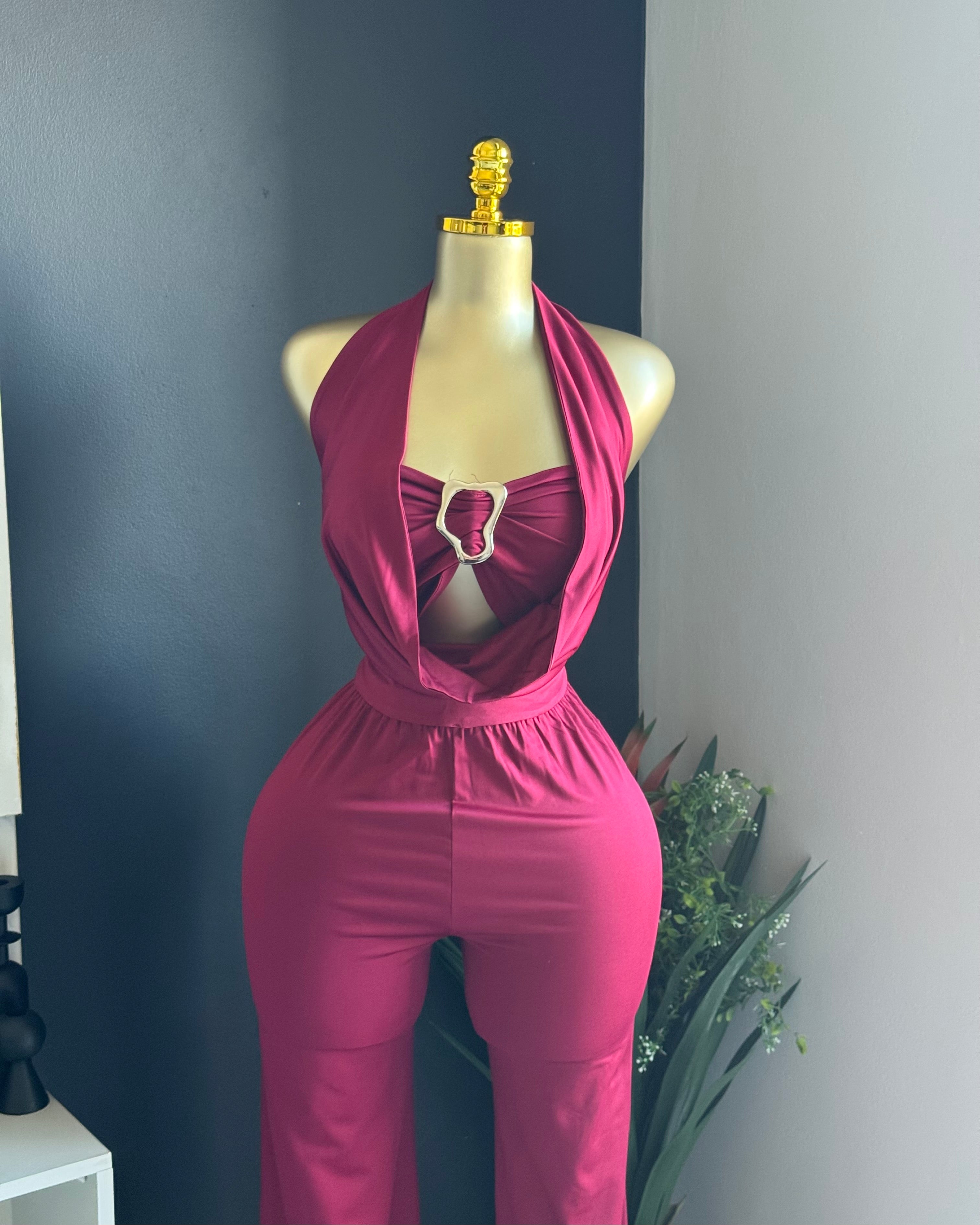 Zara Wine Halter Jumpsuit