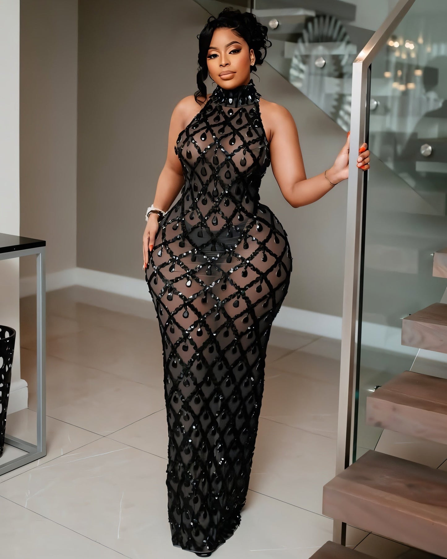 Midnight Crystal Embellished Gown – Black Sheer Maxi Dress